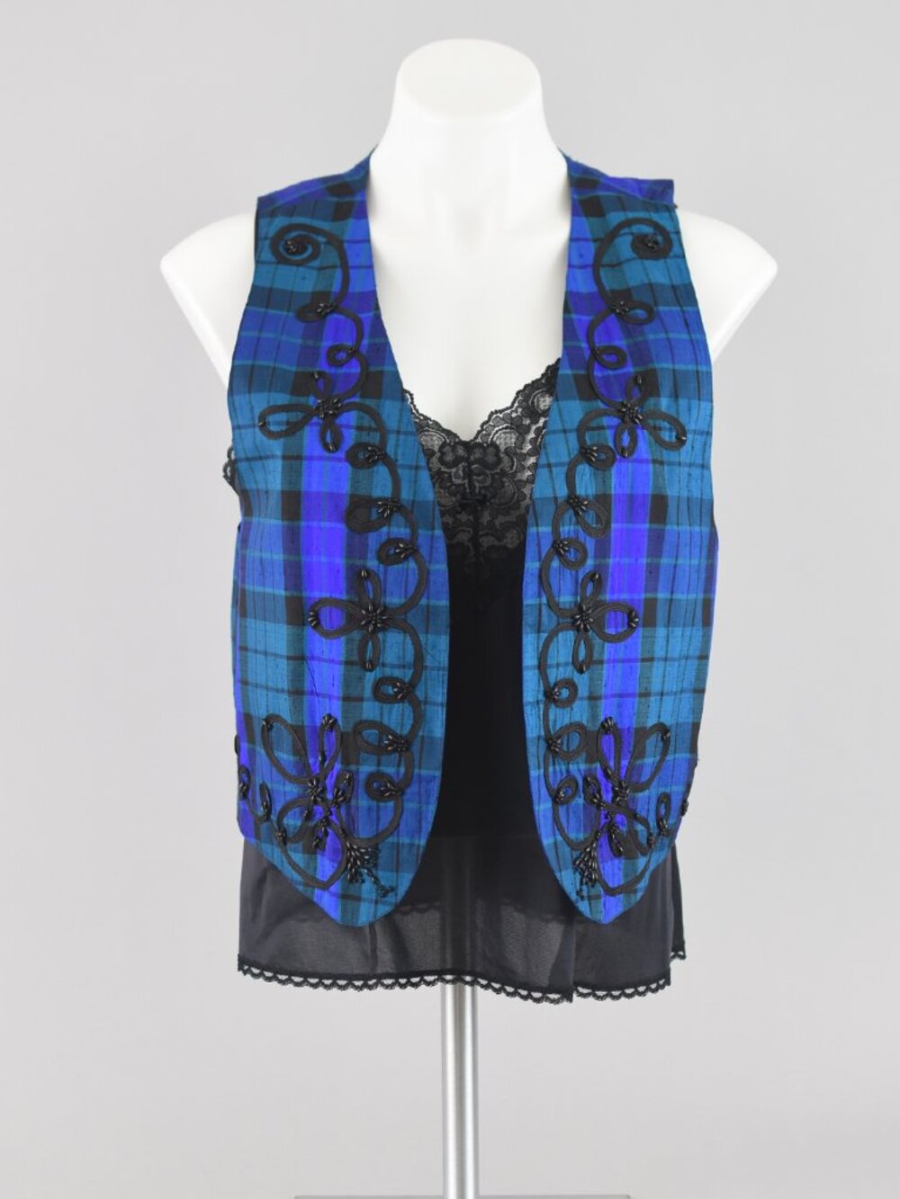 Vintage Liz Claiborne Blue Plaid  Beaded Silk Vest Waistcoat, Women's Small